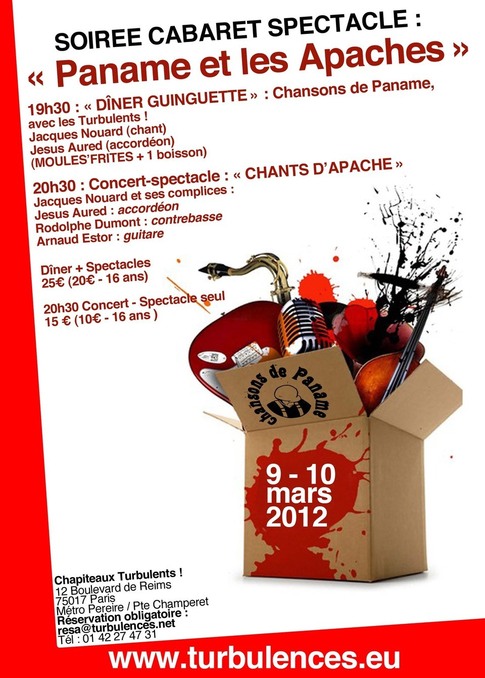 9 et 10 mars à 19h30 - Soirée cabaret spectacle " Paname et les Apaches " 9 et 10 mars à 19h30 - Soirée cabaret spectacle " Paname et les Apaches "