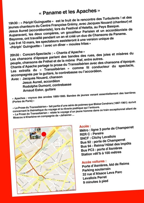 9 et 10 mars à 19h30 - Soirée cabaret spectacle " Paname et les Apaches " 9 et 10 mars à 19h30 - Soirée cabaret spectacle " Paname et les Apaches "