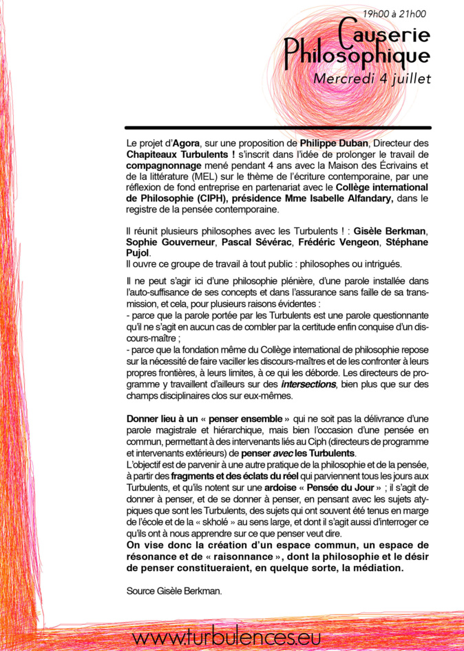 Causerie philosophique 4 juillet 19h-21h au Foyer Turbulences ! Causerie philosophique 4 juillet 19h-21h au Foyer Turbulences !