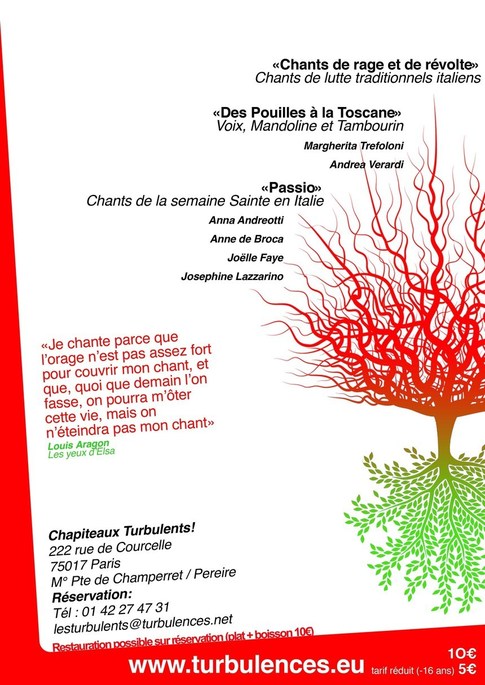 Lundi 13 Juin à 19h00 Chants traditionnels Italiens aux Chapiteaux Turbulents ! Lundi 13 Juin à 19h00 Chants traditionnels Italiens aux Chapiteaux Turbulents !