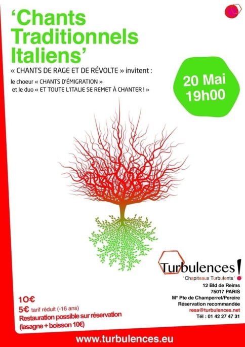 Lundi 20 mai : 19h     SOIREE ITALIENNE AUX CHAPITEAUX TURBULENTS !