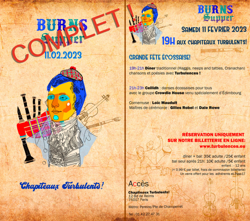 Burns Supper 11 février 2023 aux Chapiteaux Turbulents!, 12, boulevard de Reims, 75017 PARIS Burns Supper 11 février 2023 aux Chapiteaux Turbulents!, 12, boulevard de Reims, 75017 PARIS