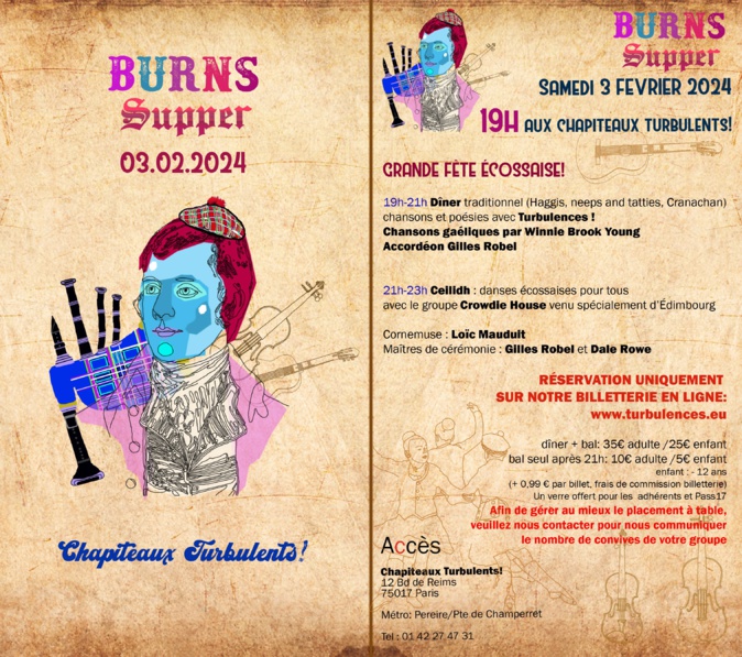 Burns Supper Samedi 3 février 2024 aux Chapiteaux Turbulents!, 12, boulevard de Reims, 75017 PARIS Burns Supper Samedi 3 février 2024 aux Chapiteaux Turbulents!, 12, boulevard de Reims, 75017 PARIS
