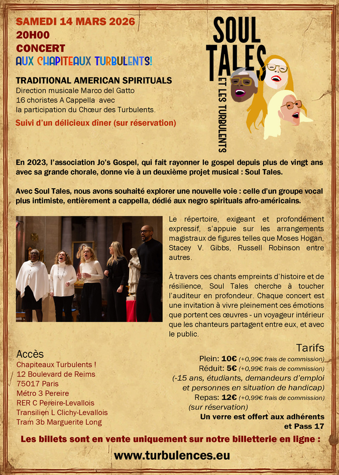Concert SOUL TALES et les TURBULENTS ! Samedi 14 mars à 20h aux Chapiteaux Turbulents ! Concert SOUL TALES et les TURBULENTS ! Samedi 14 mars à 20h aux Chapiteaux Turbulents !