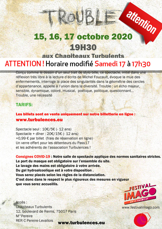 TROUBLE au Festival Imago Art et Handicap les 15, 16, octobre 2020 à 19h30 et le samedi 17 à 17h30)