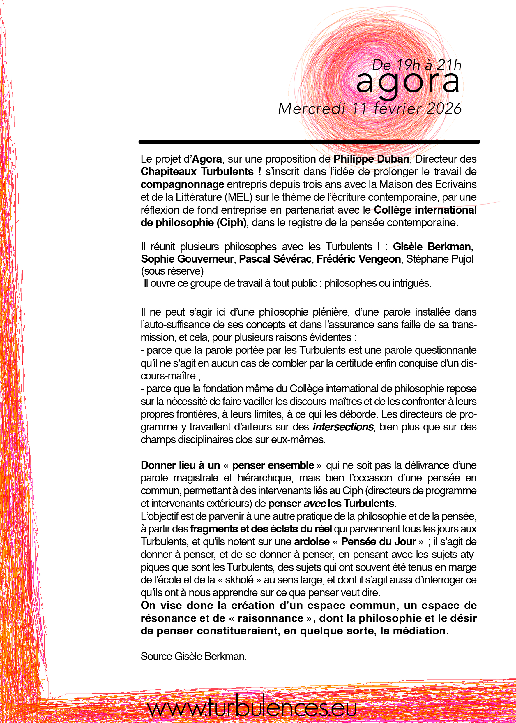 Agora Philosophique aux Chapiteaux Turbulents ! le 11 février de 19h à 21h