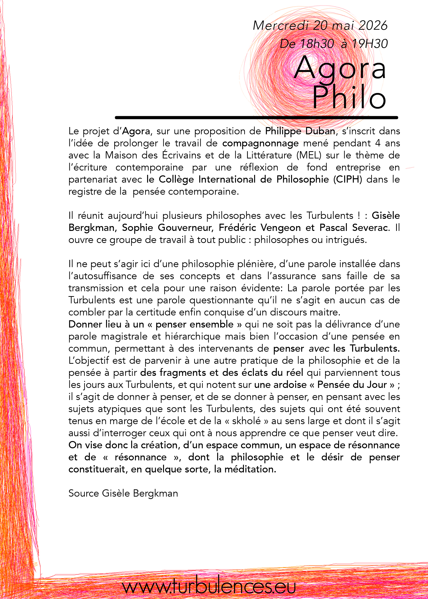 L'Agora Turbulente ! Mercredi 20 mai de 18h30 à 20h30
